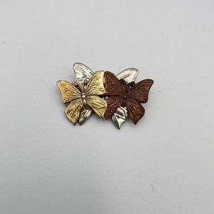 Estate Tri Color Gold Silver Copper Tone Butterfly Dimensional Brooch Pin